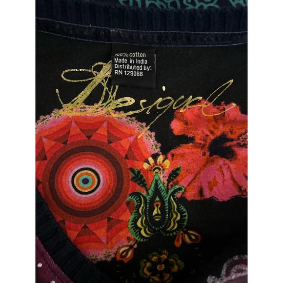 Desigual Geisha Floral Embellished Long Sleeve Tie Cuff Black Sweater Size M - Picture 3 of 9